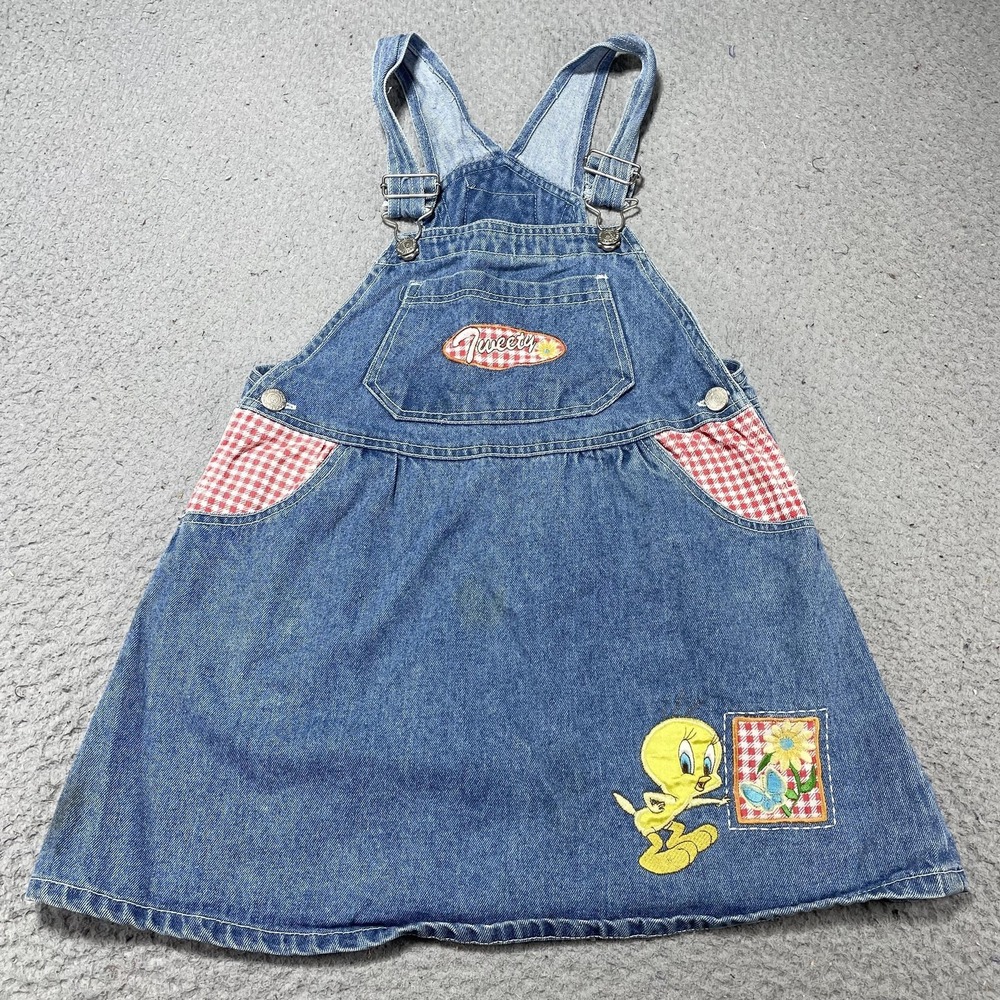 Vintage Looney‎ Tunes Overall Dress Girls 8 Blue Denim Tweety Embroidered 90s